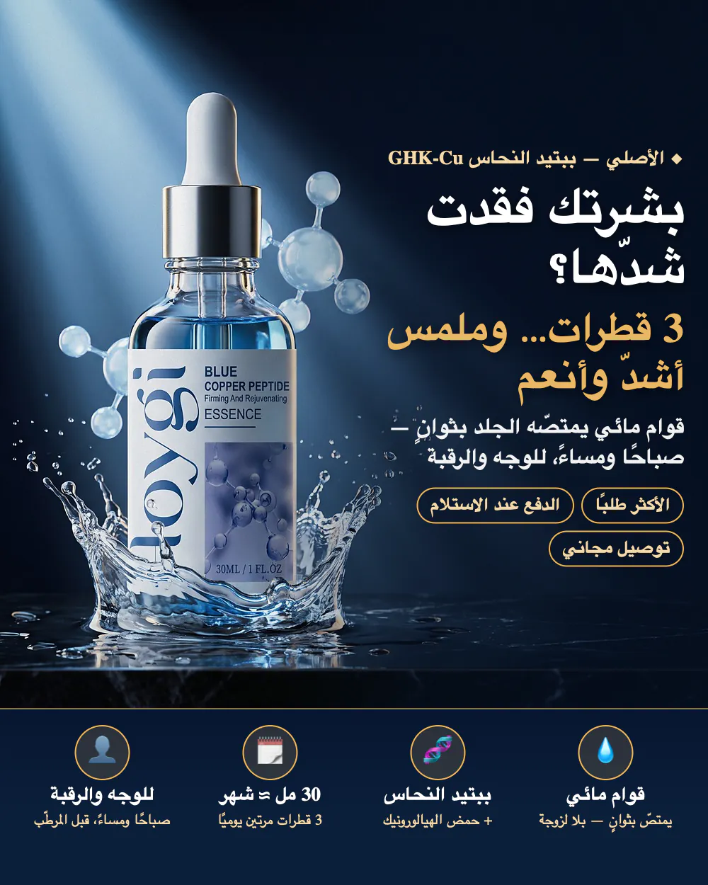 بشرتك تعبانة وفقدت شدّها؟ — السيروم الأزرق الأصلي بببتيد النحاس GHK-Cu — 3 قطرات صباحًا ومساءً، وملمس أشدّ وأنعم من أول مرة