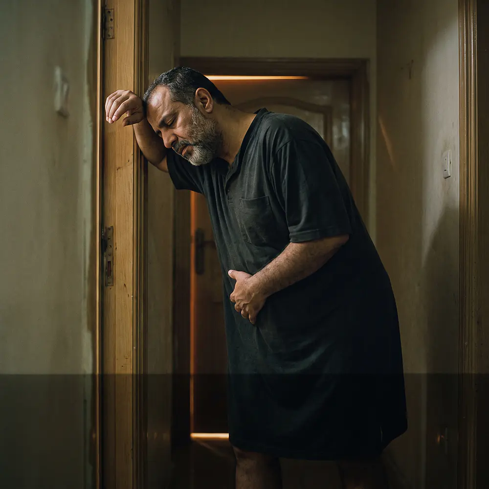 رجل متعب يسند رأسه على باب الحمام ليلًا ويده على أسفل بطنه